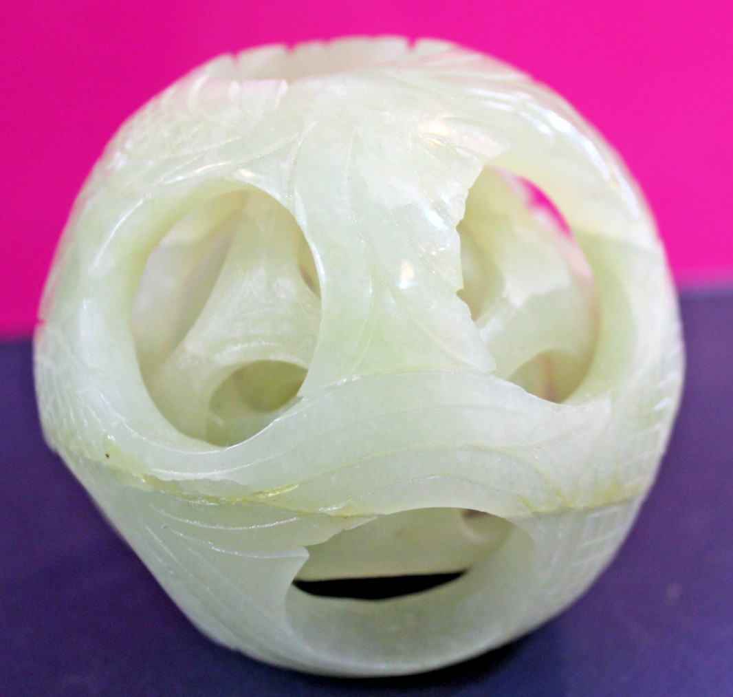 Vintage Chinese Hand Carved Jade Stone Puzzle Ball Sphere 3-Layer Sculpture 3″