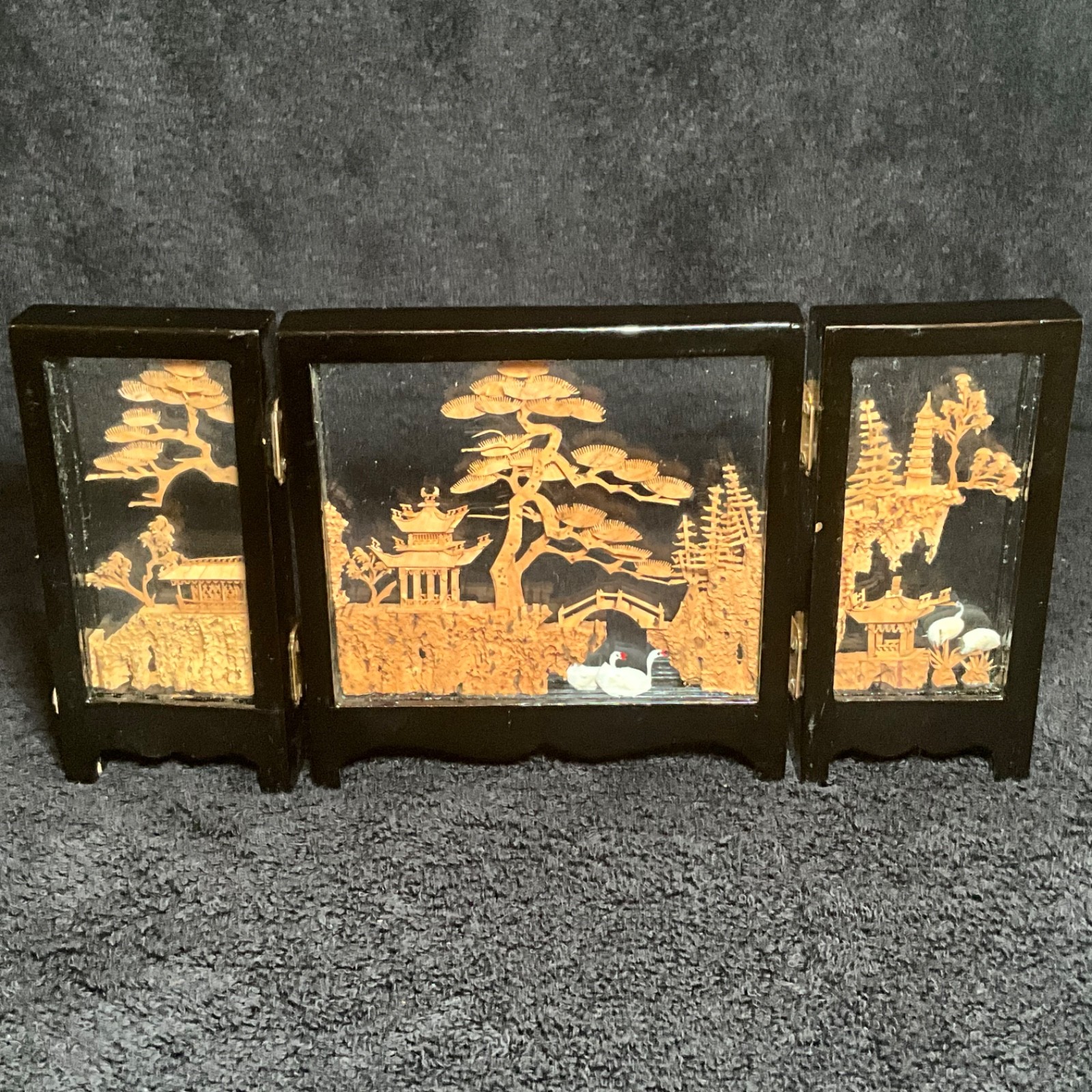 2x-VTG SAN YOU Tri-Fold Oriental Hand Carved Cork Pagoda Diorama w Cranes
