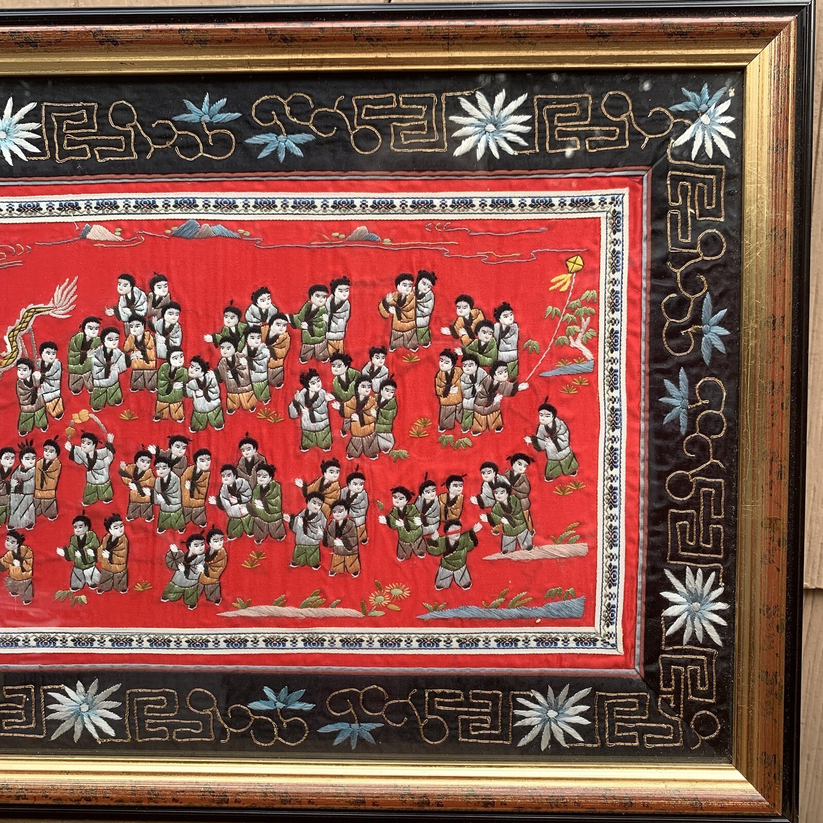 Chinese Silk Tapestry 100 Children At Play Embroidery Framed Art 14.5” x 27”