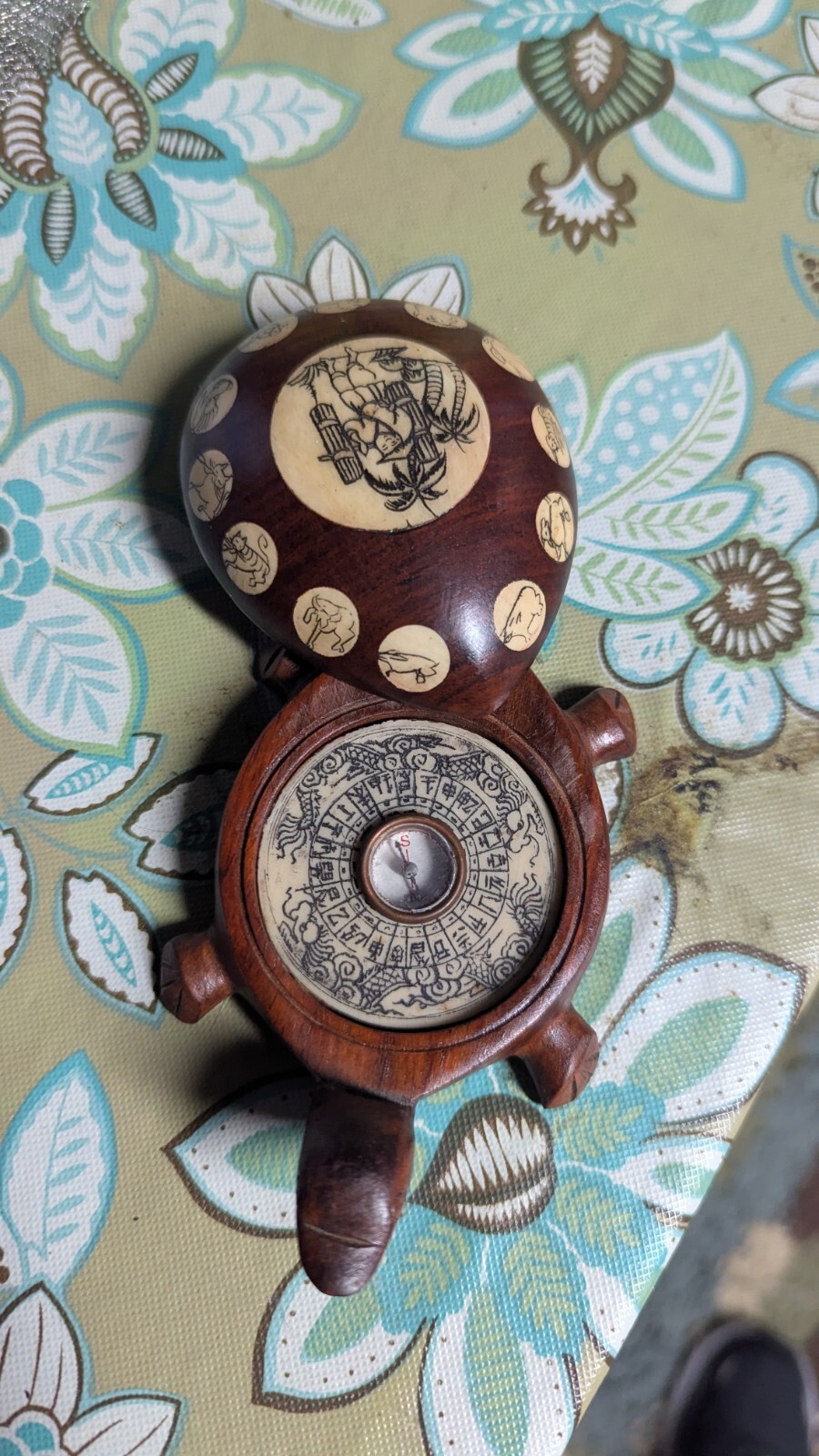 Vintage Carved Wood Turtle with Inlaid Chinese Zodiac Signs Opens to Compass