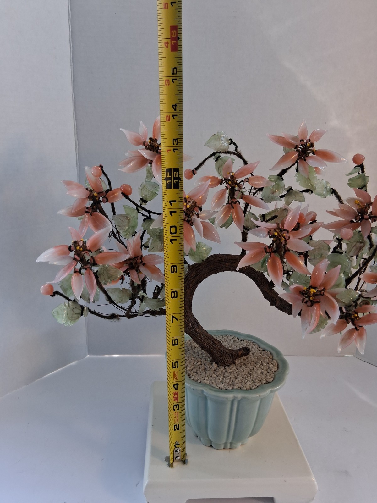 Vtg! XL Asian Bonsai Jade Glass & Coral Color Quartz Flowering Tree;14.5″x 13.0″