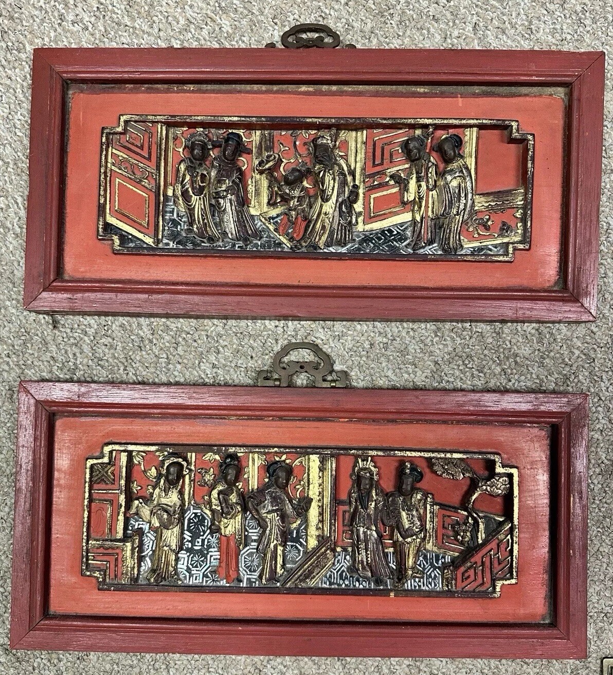 Lot of 5 Asian Chinese Hand Carved Painted Wood Panels Wall Hangings Décor