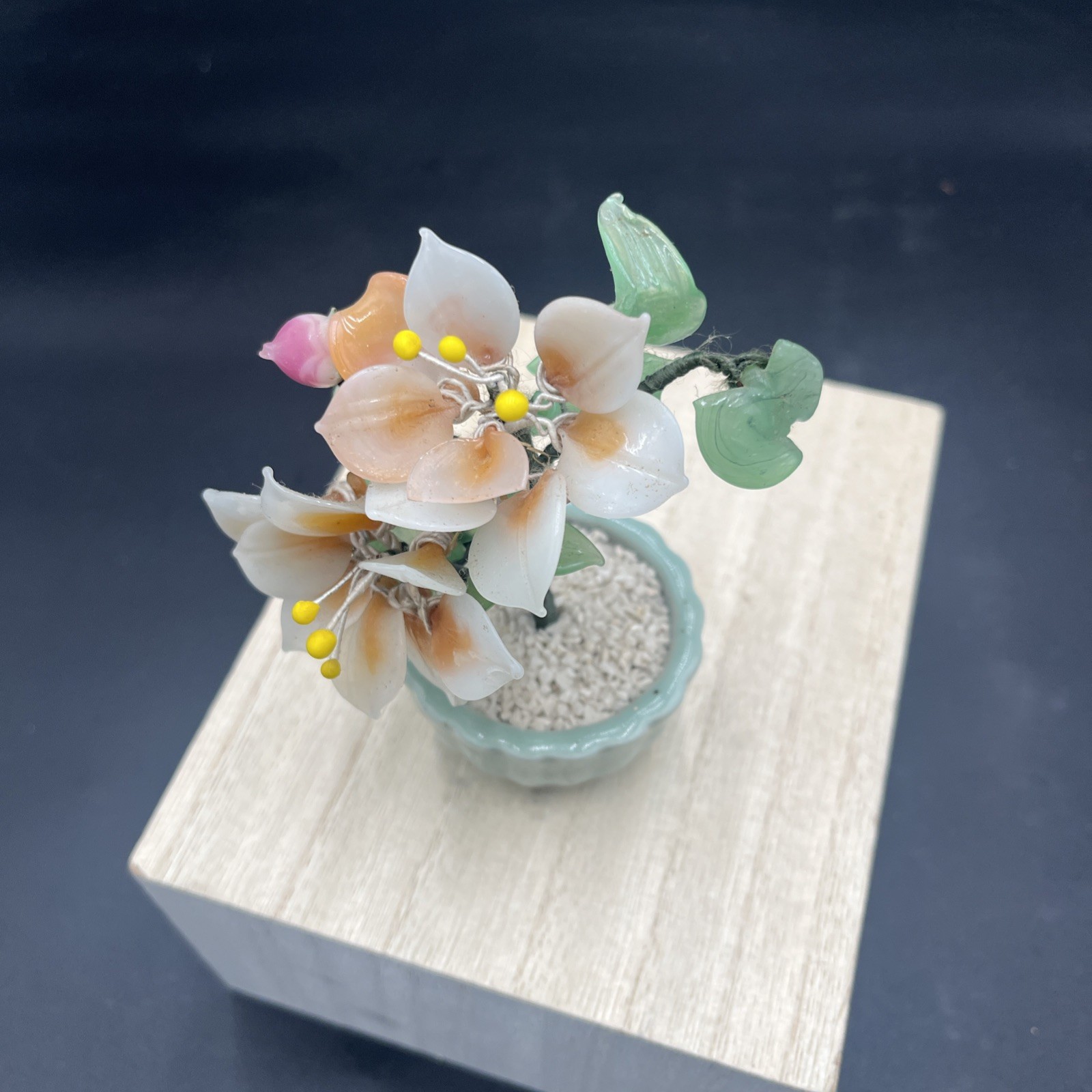 Vintage Small Jade & White Floral Bonsai Tree Green Celadon Pot 4.5”