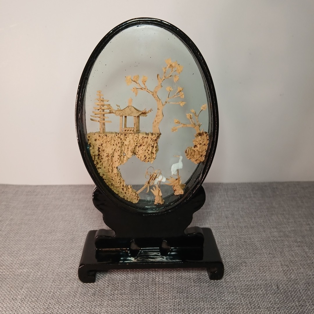 Vintage Chinese Cork Art Pagoda City Trees Cranes Glass Display Oval