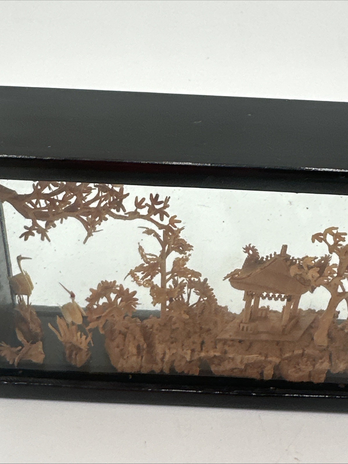 Vintage Chinese Cork Art Shadow Box Pagoda Cranes Scenic Diorama Framed C Detail