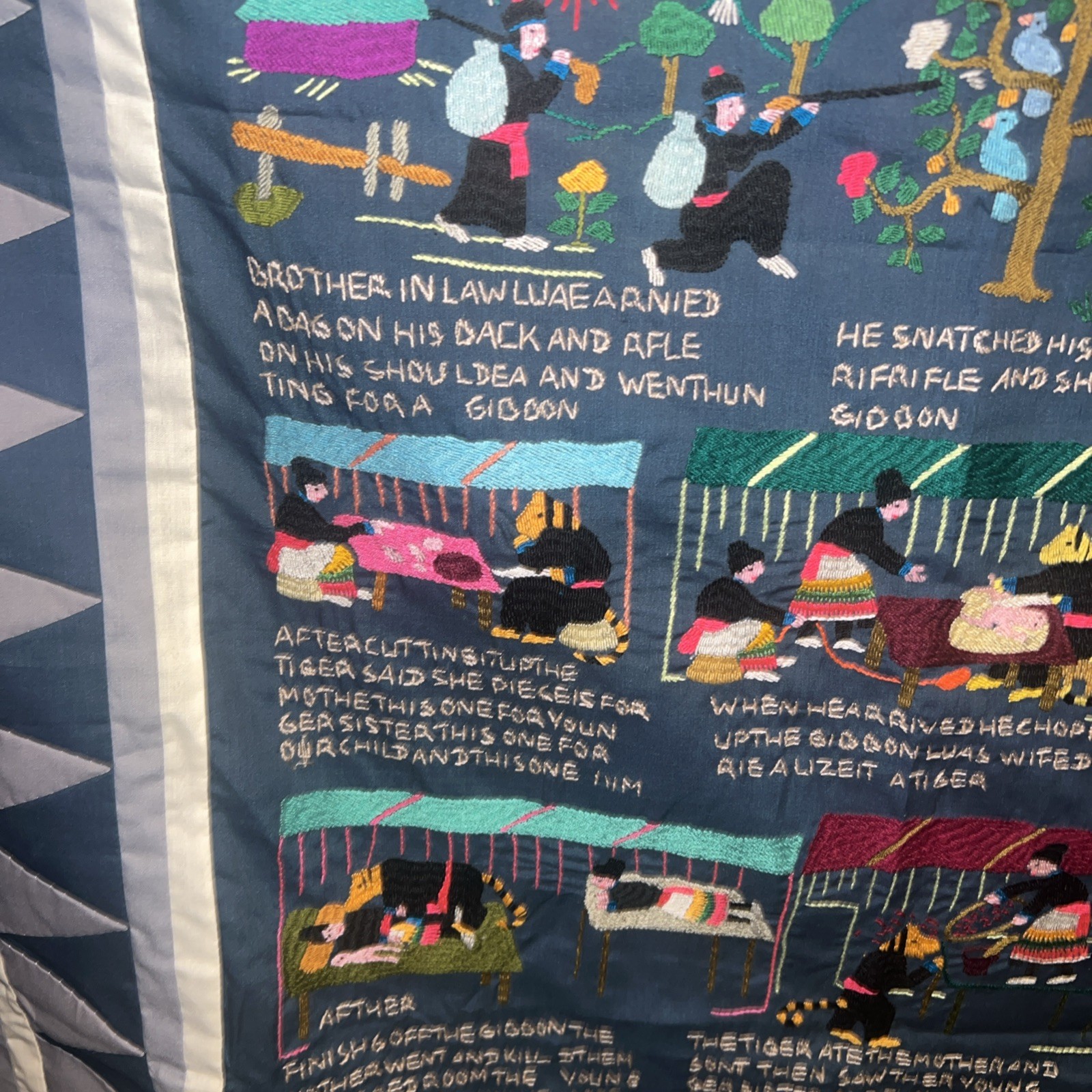 Vintage Hmong Hand Embroidered story cloth tapestry 38X52 Beautiful Blanket