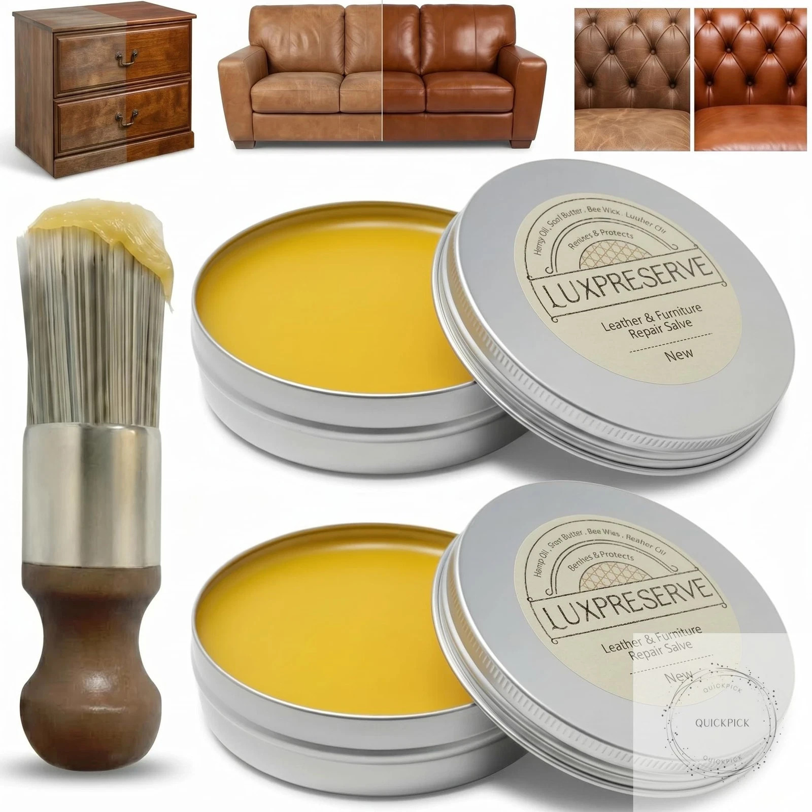 2 Pack Leather Furniture Salve & Brush Set, Maintain Leather & Wood, Helps Keep