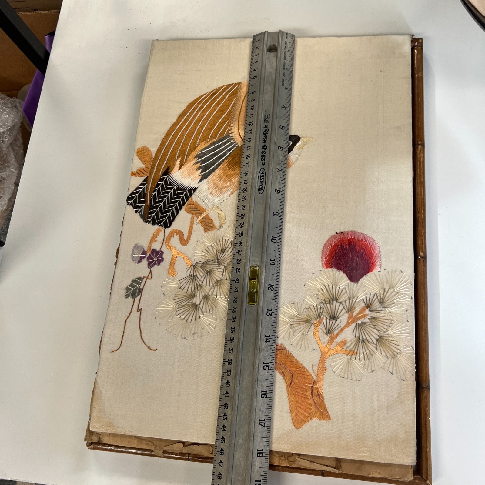 2 Vintage Chinese Silk Embroidered Cranes Art damaged