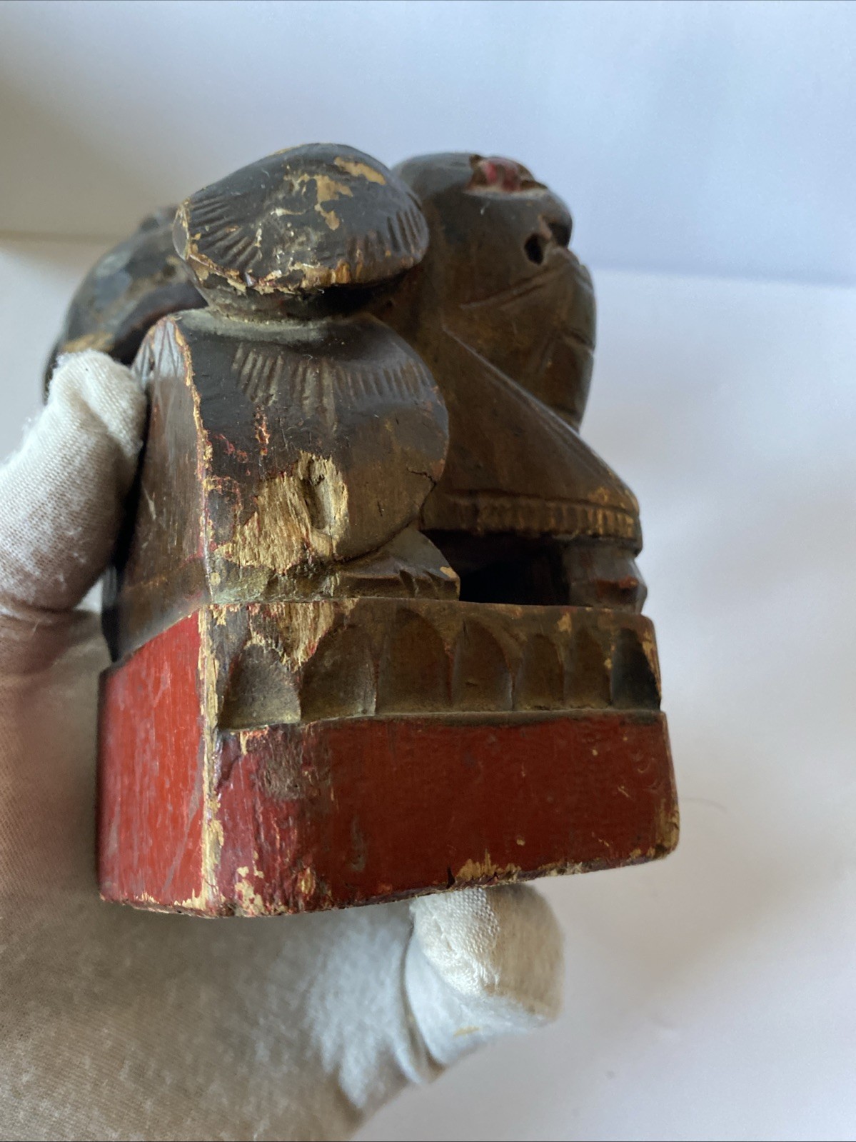 Pair Antique Chinese Hand Carved Wood Foo Dog Creature Statue Rattle