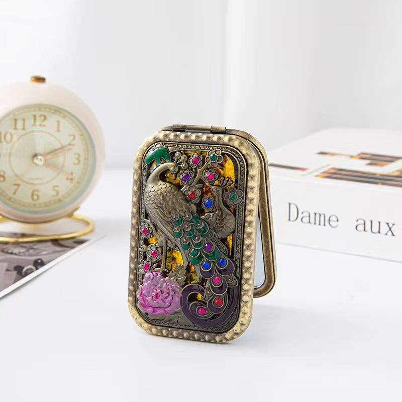 Cloisonne Retro Metal Makeup Mirror Portable Folding Double-Sided Pocket Mirror
