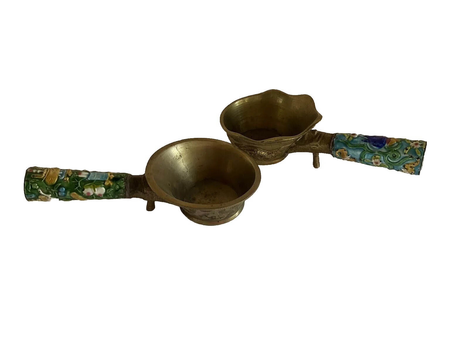 2 Different Vintage Cast Brass & Enamel Chinese Silk Iron Irons