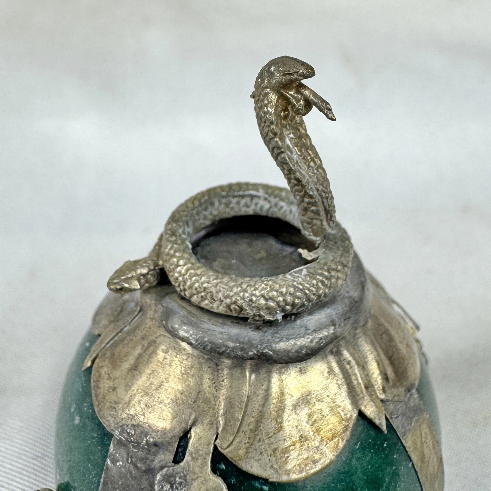 Vintage Chinese Zodiac SNAKE Green Marble Orb, Pewter/Tin Finial, Dragon Motif