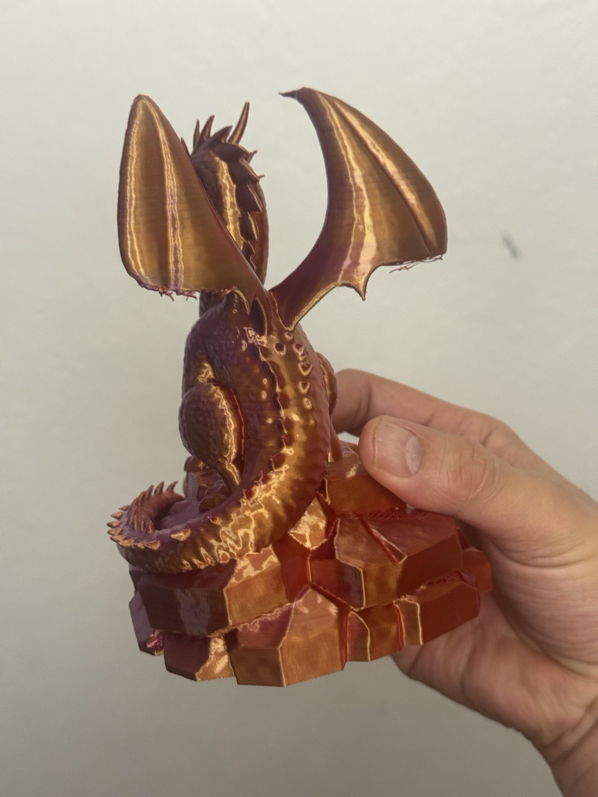 BICOLOR Dragon Figurine (Violet & Gold) Mouth Damaged! – H 6.5” × W 5” × D 4.5”