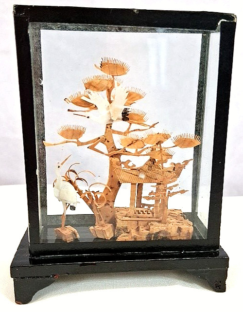 2 Chinese Scene 3D Hand Carved Cork Dioramas Black Lacqured Wood & Glass Cases