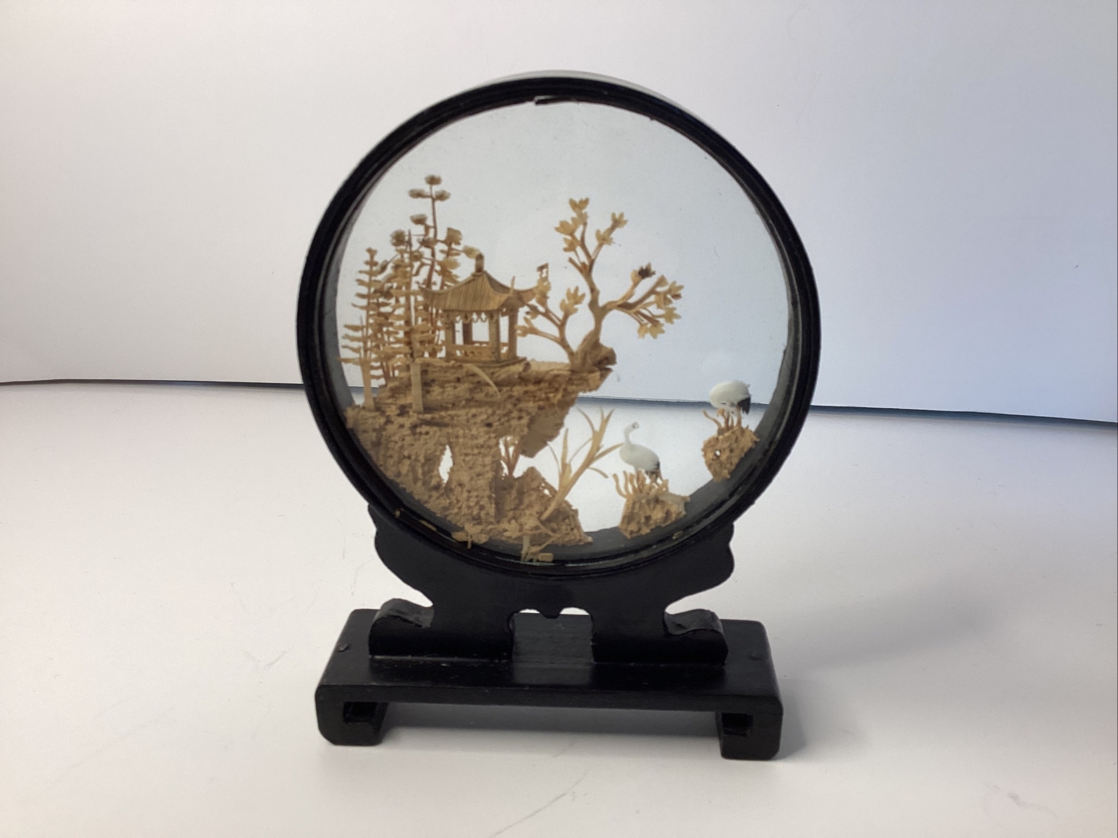 Vintage Hand Carved Cork Wood Diorama Under Glass Pagoda Cranes 4”