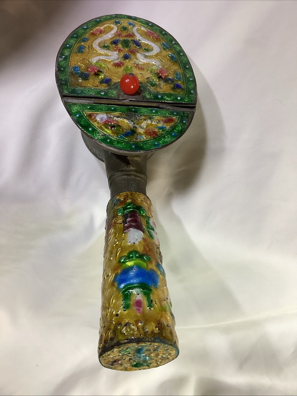 Antique CHINESE Brass Cloisonne Enamel Silk Iron DRAGONS CHASING THE RED PEARL