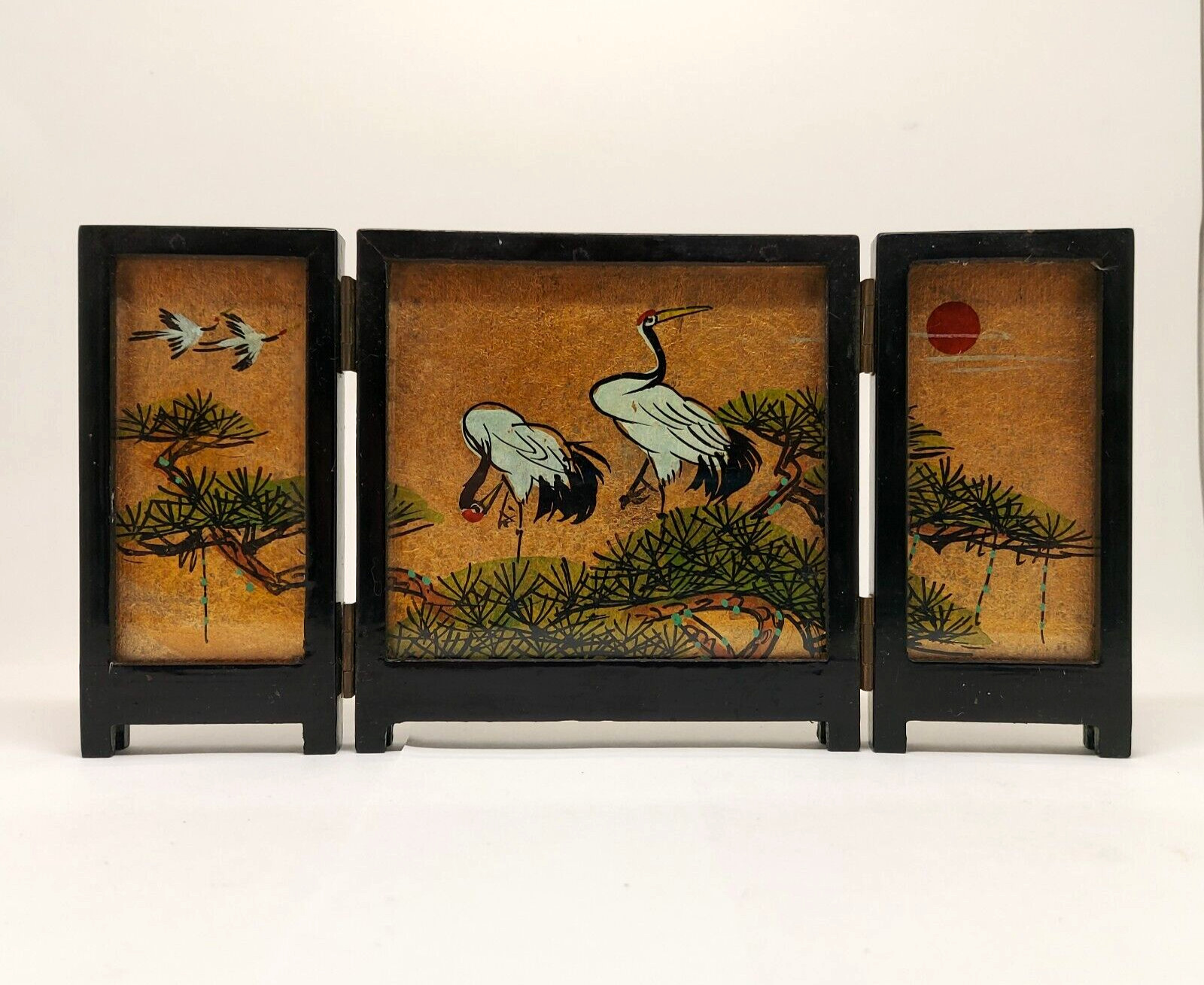 2 Vtg Small 3 Panel Table Top Screens Hand Painted Silk Cranes Birds Flowers
