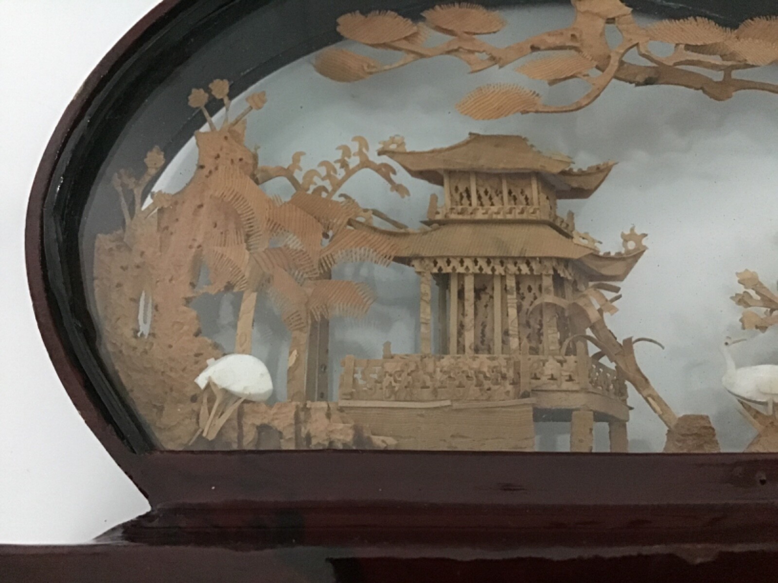VINTAGE-FUJIAN HAND CARVED CORK DIORAMA ART GLASS WOOD FRAMED PICTURE