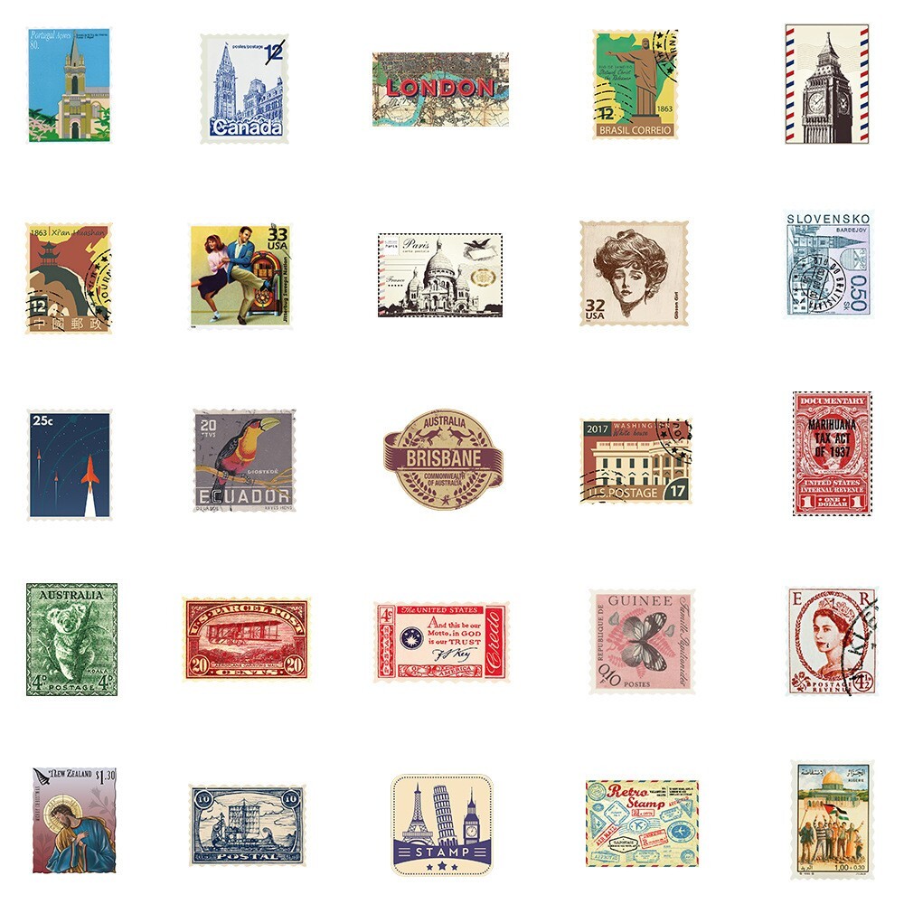 50pcs Vintage Travel Stickers Pack, Retro Stamp, Journal Stickers, Planner,078