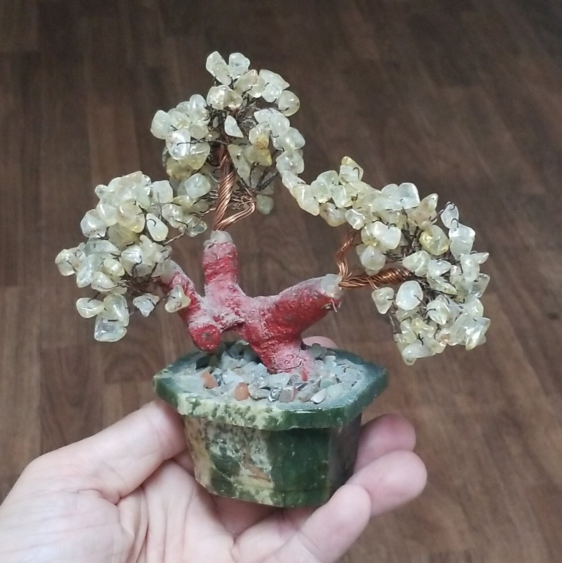 Vintage 6″ Stone Asian Vintage Carved Bonsai Tree Copper Wire with Stone Pot