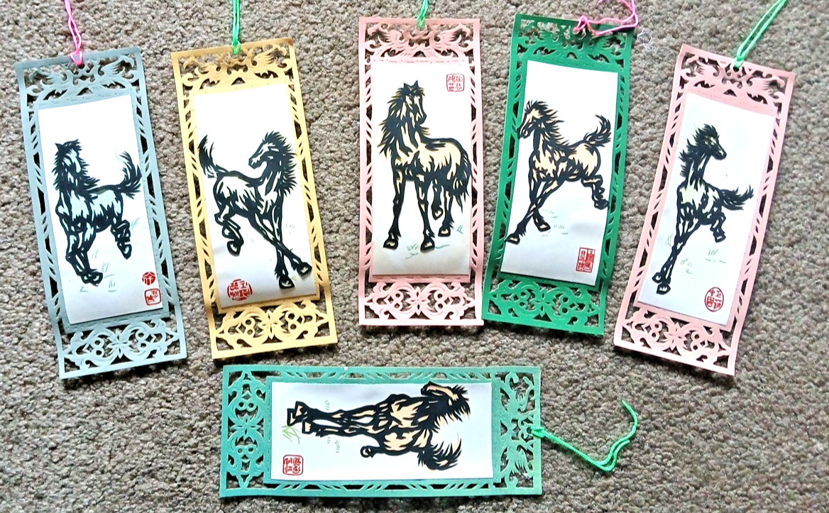 6 VTG CHINESE PAPER BOOKMARKS CUTOUTS HORSES NOS OPENWORK ORIGINAL FABRIC BOX