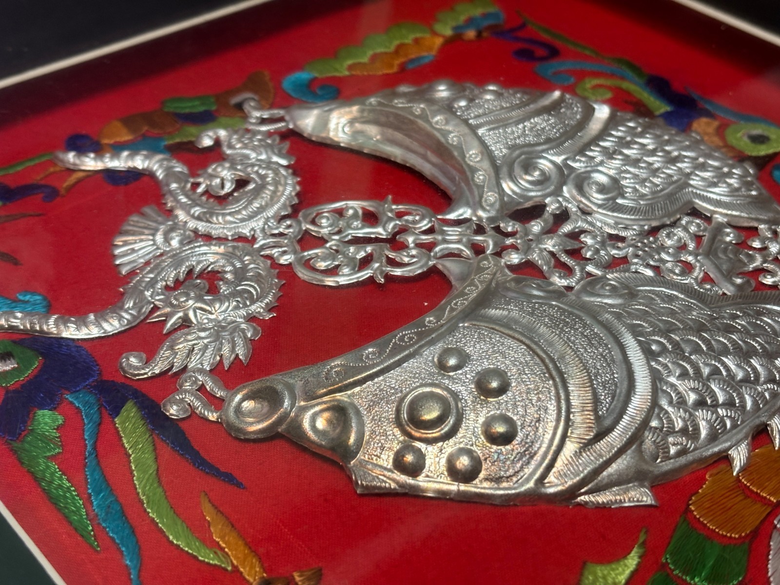 Framed Chinese Miao S990 Fine Silver Ornament Relief Carving Embroidery Guizhou