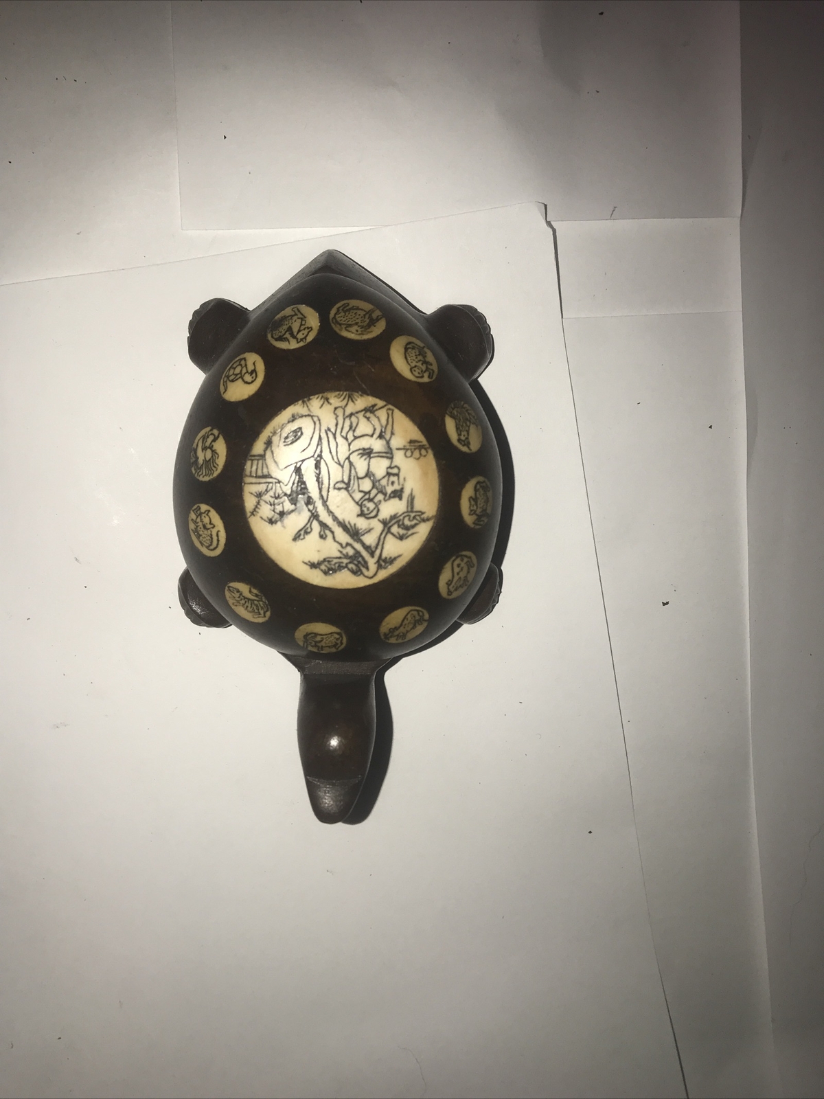 Vintage Carved Wood Turtle with Inlaid Chinese Zodiac Signs Opens to Compass 182