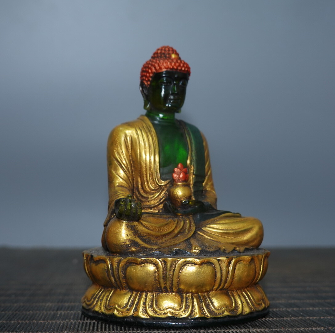 4.7″ Chinese Green Coloured Glaze Paintings Gild Buddhism Medicine Buddha Statue