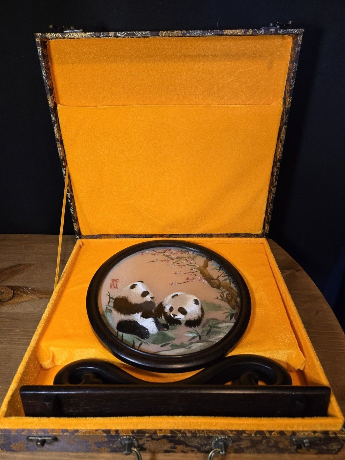 Vtg Chinese Panda CherryBlossom DoubleSided Silk Sichuan Embroidery WoodBase Box