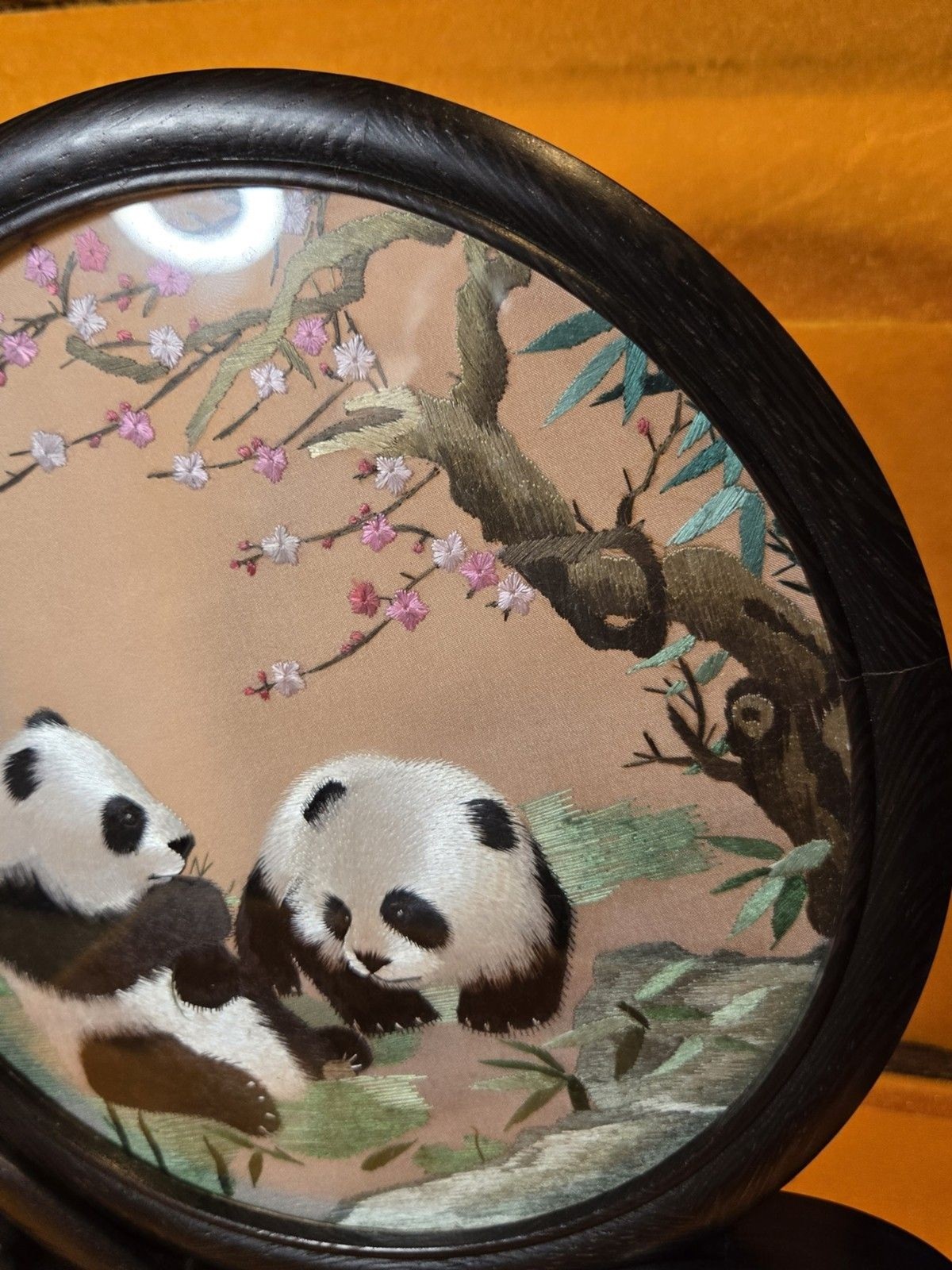 Vtg Chinese Panda CherryBlossom DoubleSided Silk Sichuan Embroidery WoodBase Box