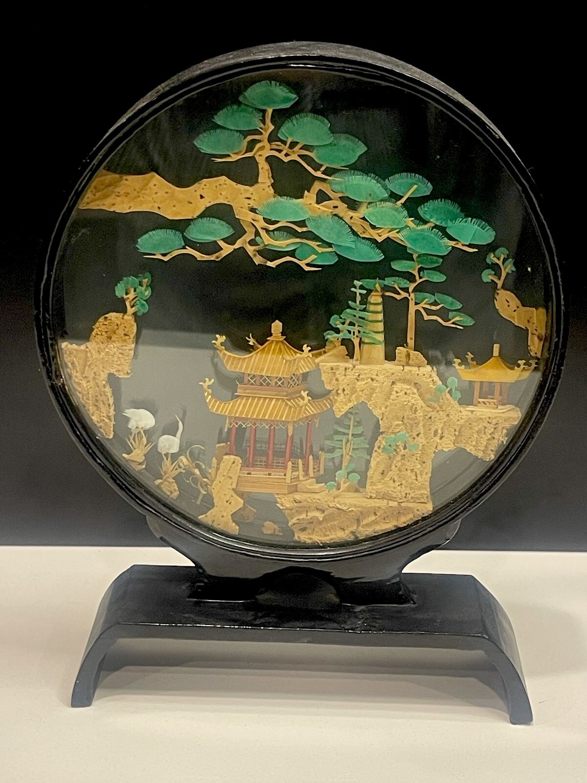VTG PERFECT Chinese Cork Carving Lattice Pavilion Diorama Black Lacquer Frame