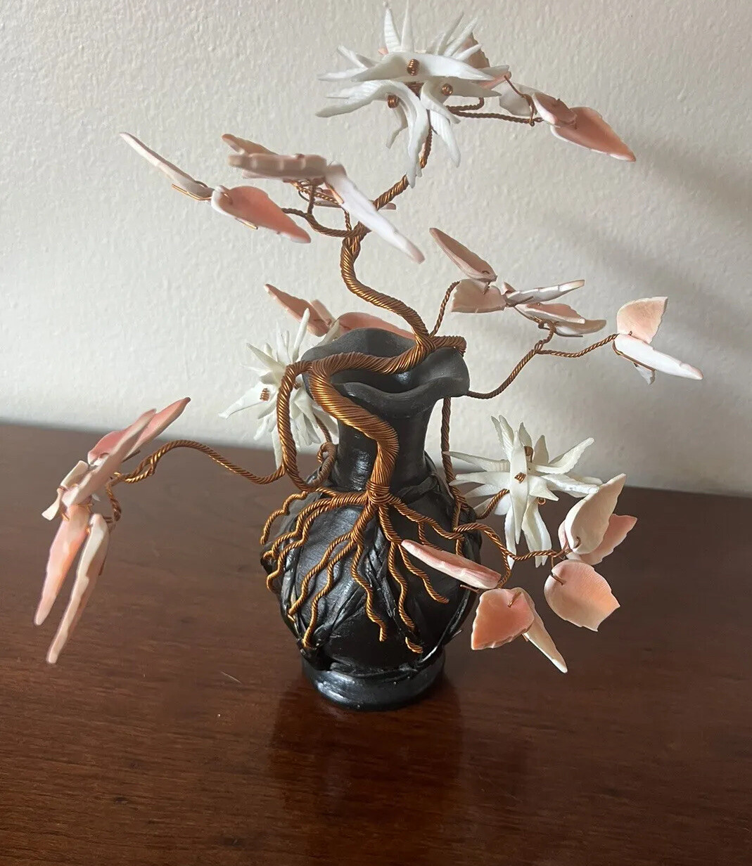 Coral Shells Bonsai Ming Tree of life Wire Wraped Hand made japan 1950’s 9” BB1