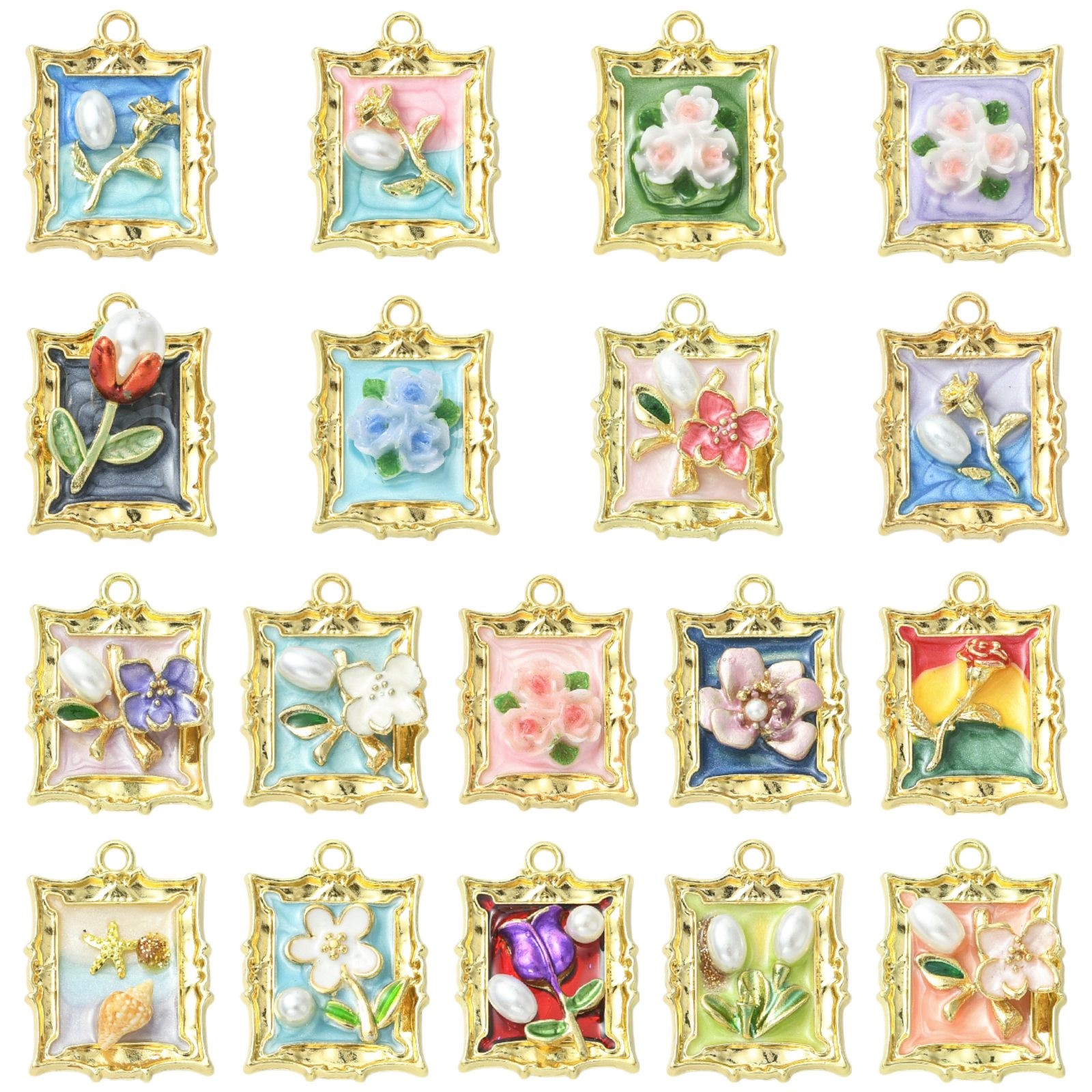 18x Rectangle Alloy Enamel Flower Pendants for Earrings Necklace Jewelry Making