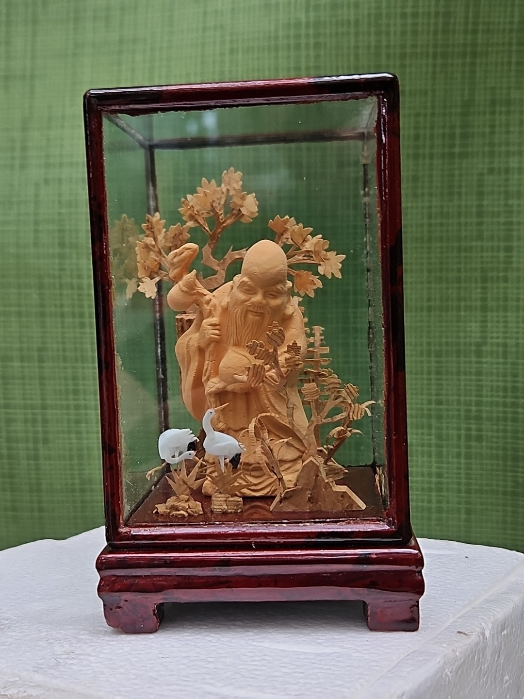 Chinese Cork Diorama Asian Crane Trees Vintage Art Carved Shou Xing Longevity 5″