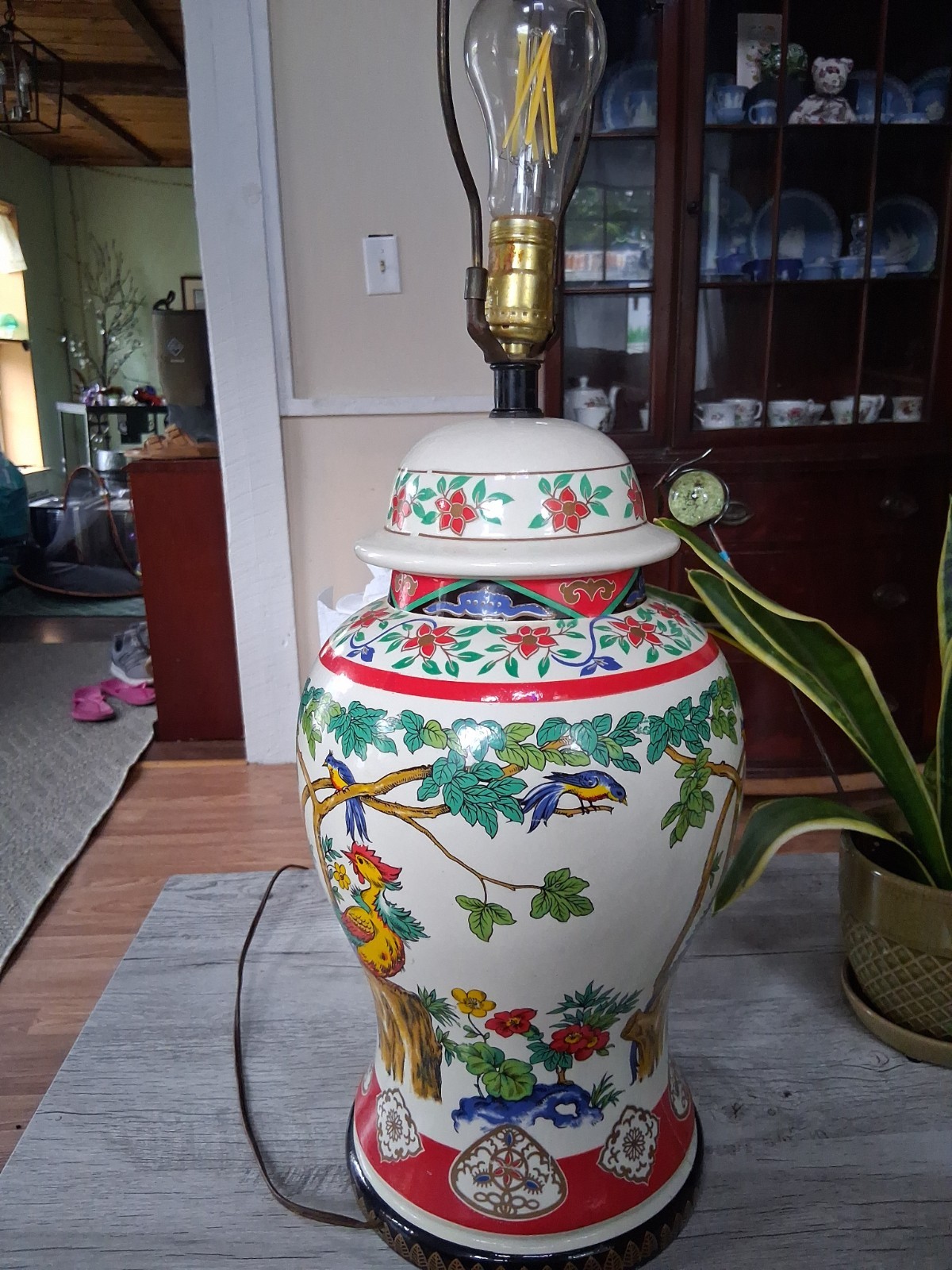RARE Vintage Chinese Hand-Painted Famille Bird Porcelain Large Lamp