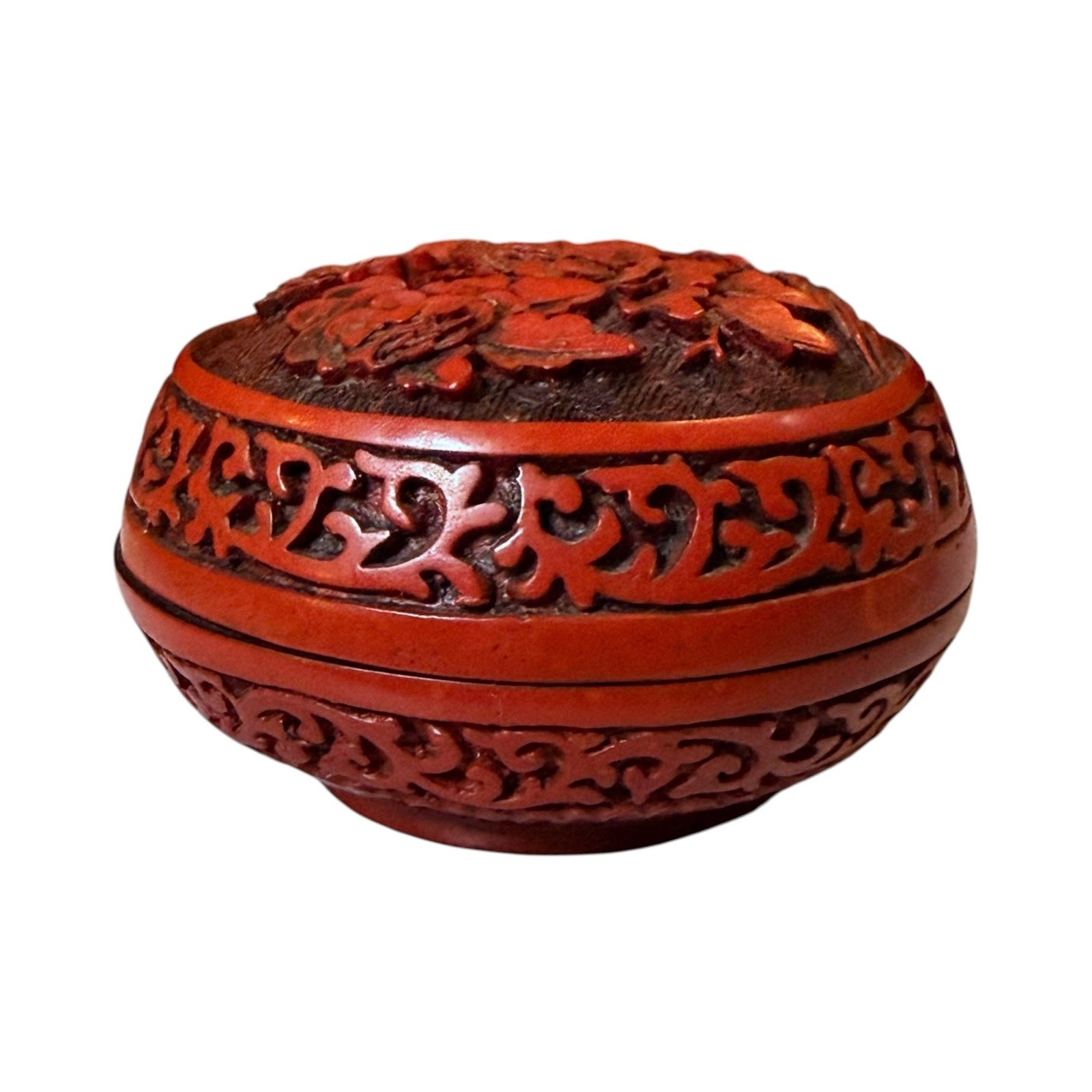 Antique Chinese Cinnabar Hand Carved Floral Peonies Ink Trinket Box 3.25” x 2”