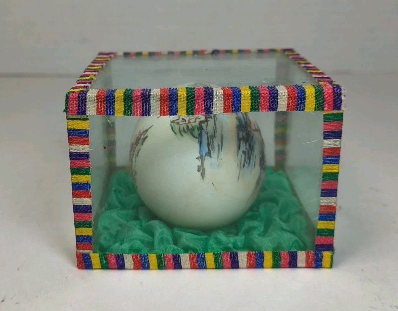 Vintage Hand Painted Egg Shell in Glass Display Box Asian Oriental Landscape