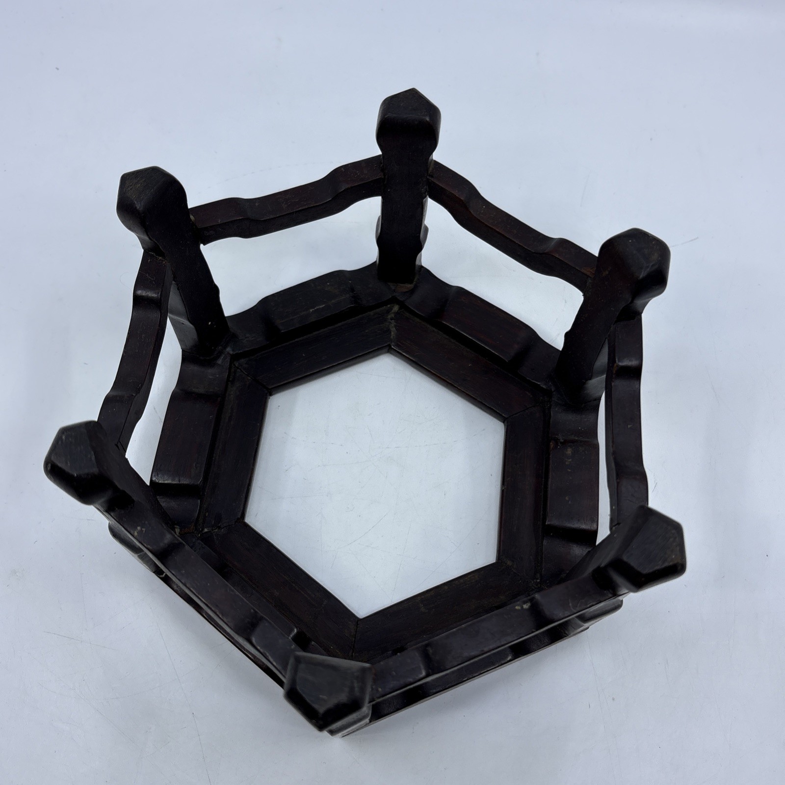Vintage Chinese Wooden Hexagon Display Stand Vase Plant Asian Lamp Base Footed
