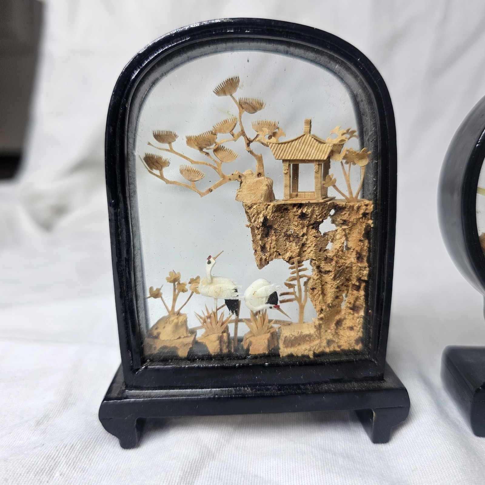 Vintage Lot Of 6 Chinese Carved Cork Lacquer Ware Diorama Sculpture Bird Panda