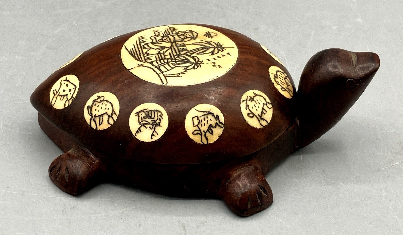 Vintage Chinese Carved Wooden Turtle Compass Case Zodiac Signs Inlay