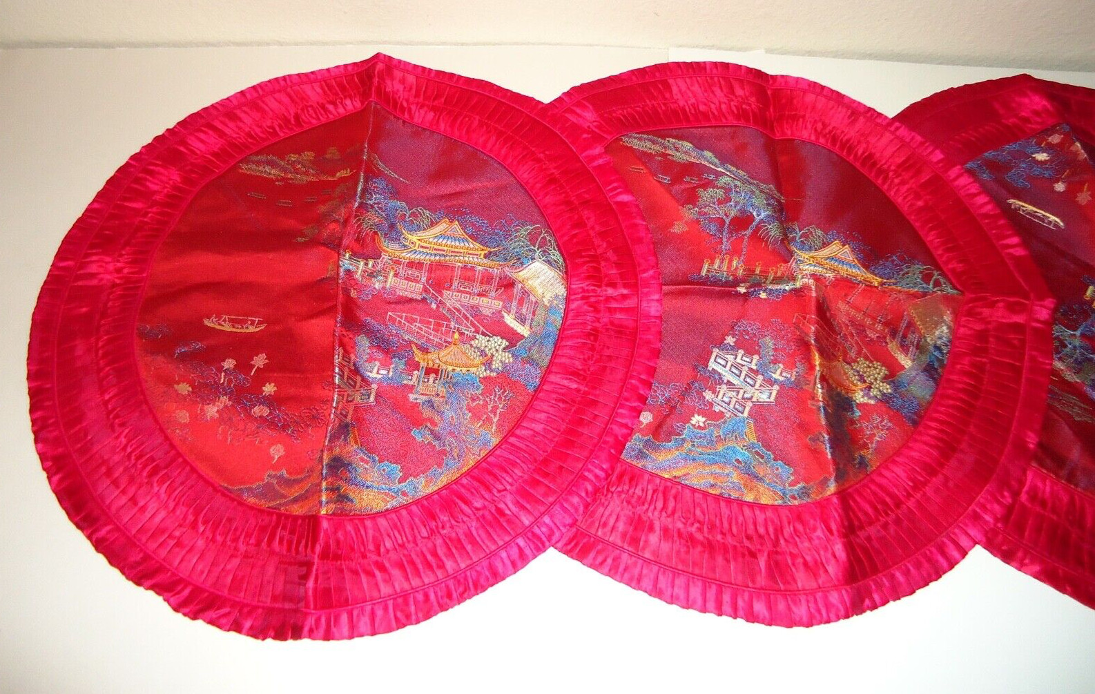 Asian Brocaded Flowers Silk Embroidered Red Round Pillowcases Size-19×19 in
