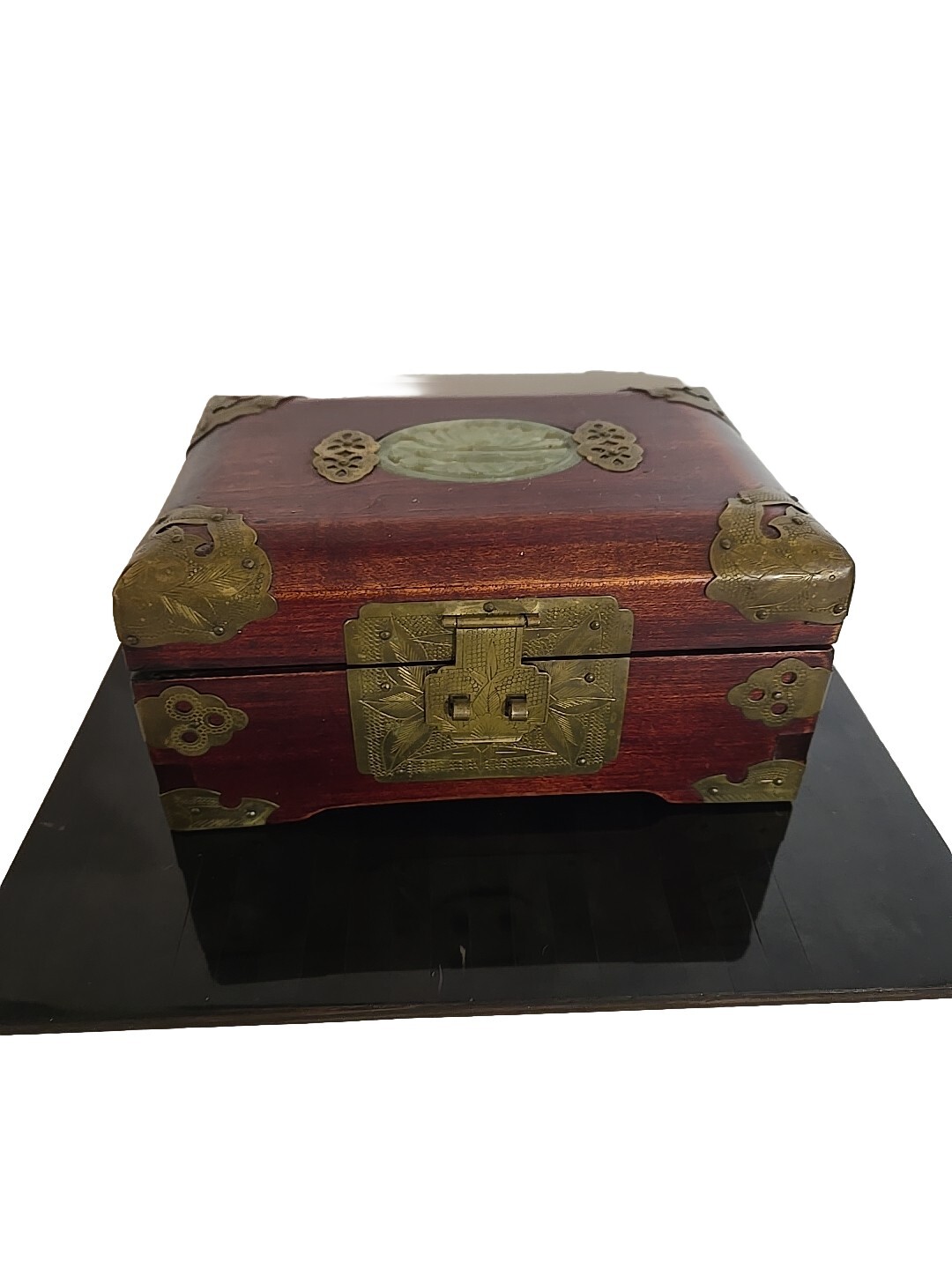 Jewelry Box Wooden Brass Accents Shangai Jade Detail VTG