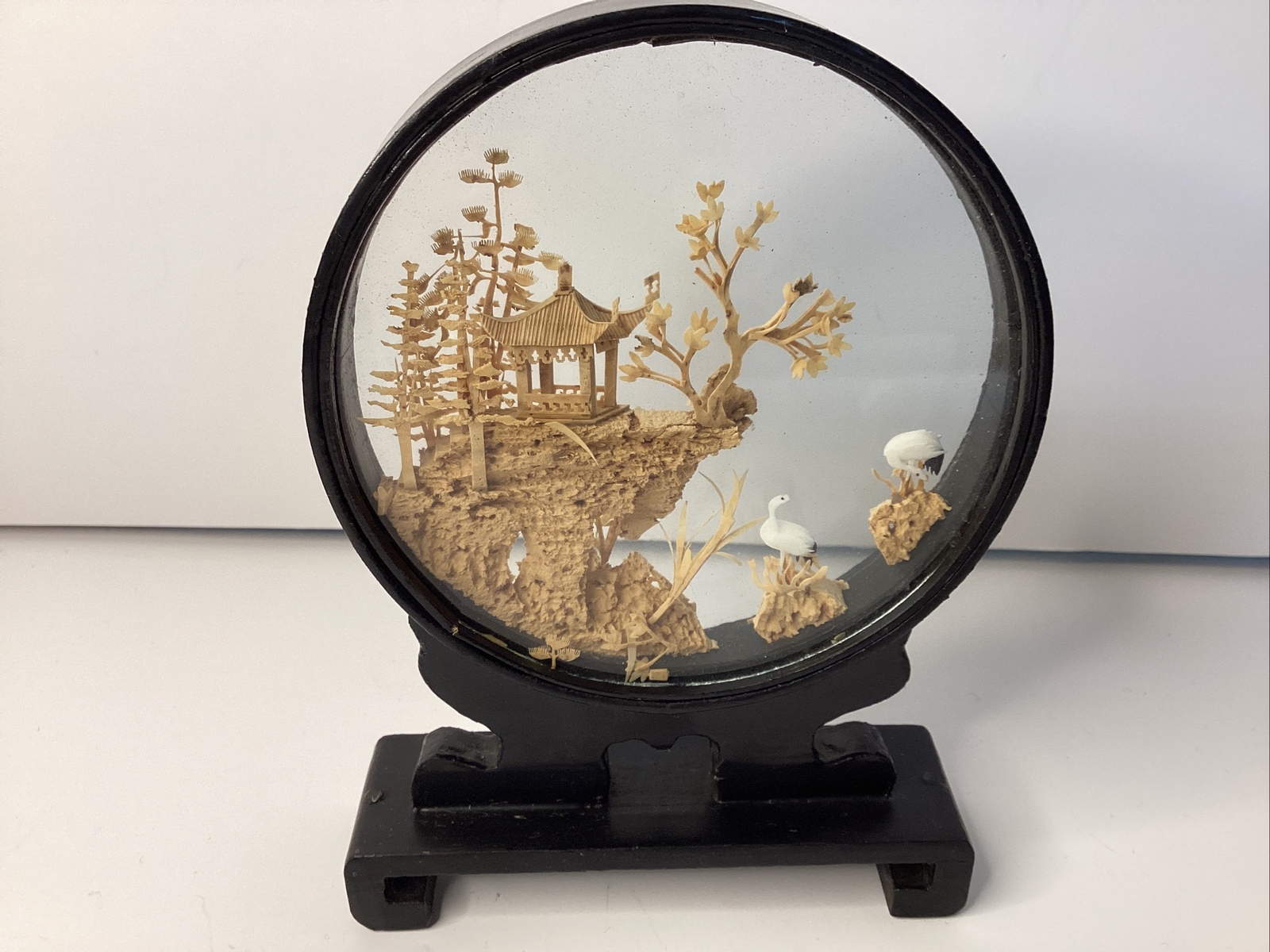 Vintage Hand Carved Cork Wood Diorama Under Glass Pagoda Cranes 4”