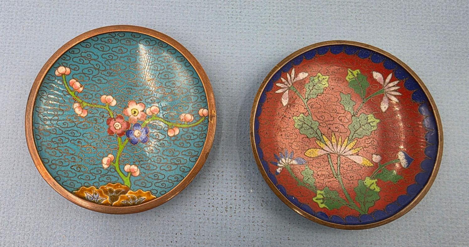 Vintage Set Of 2 Cloisonne Enamel On Copper Trinket Dish W Floral Design 3.75″