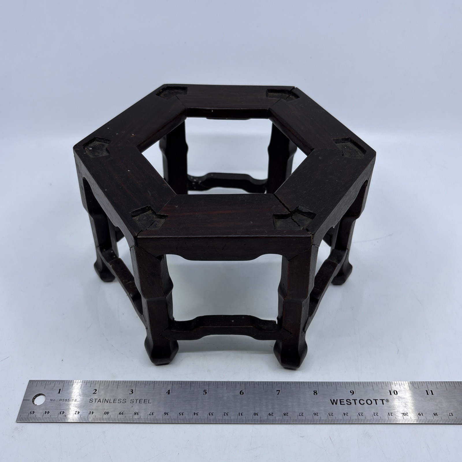 Vintage Chinese Wooden Hexagon Display Stand Vase Plant Asian Lamp Base Footed