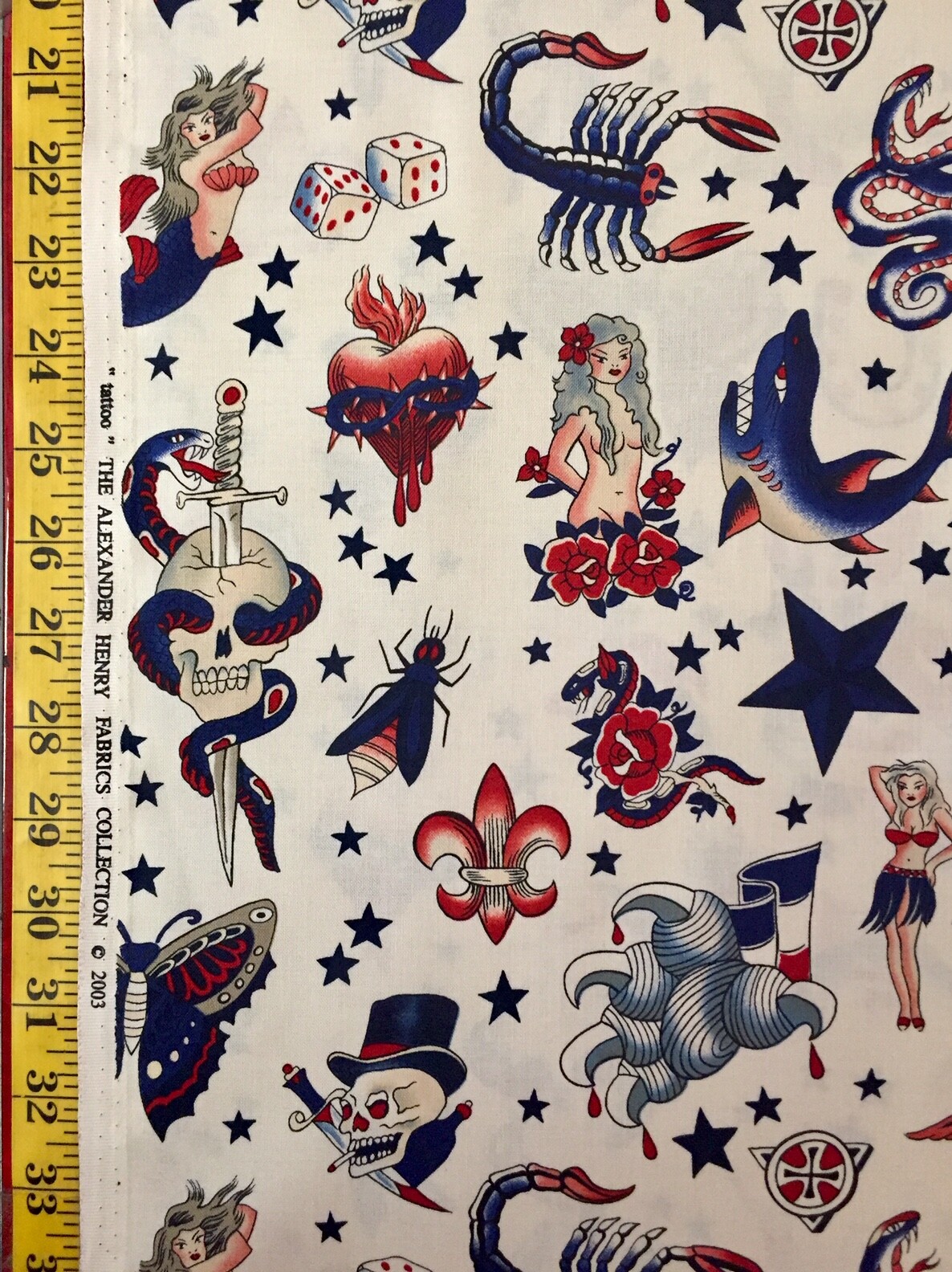 Tattoo Black Tea Red Blue Tint Alexander Henry Fabric Sacred Heart Pinup Skulls
