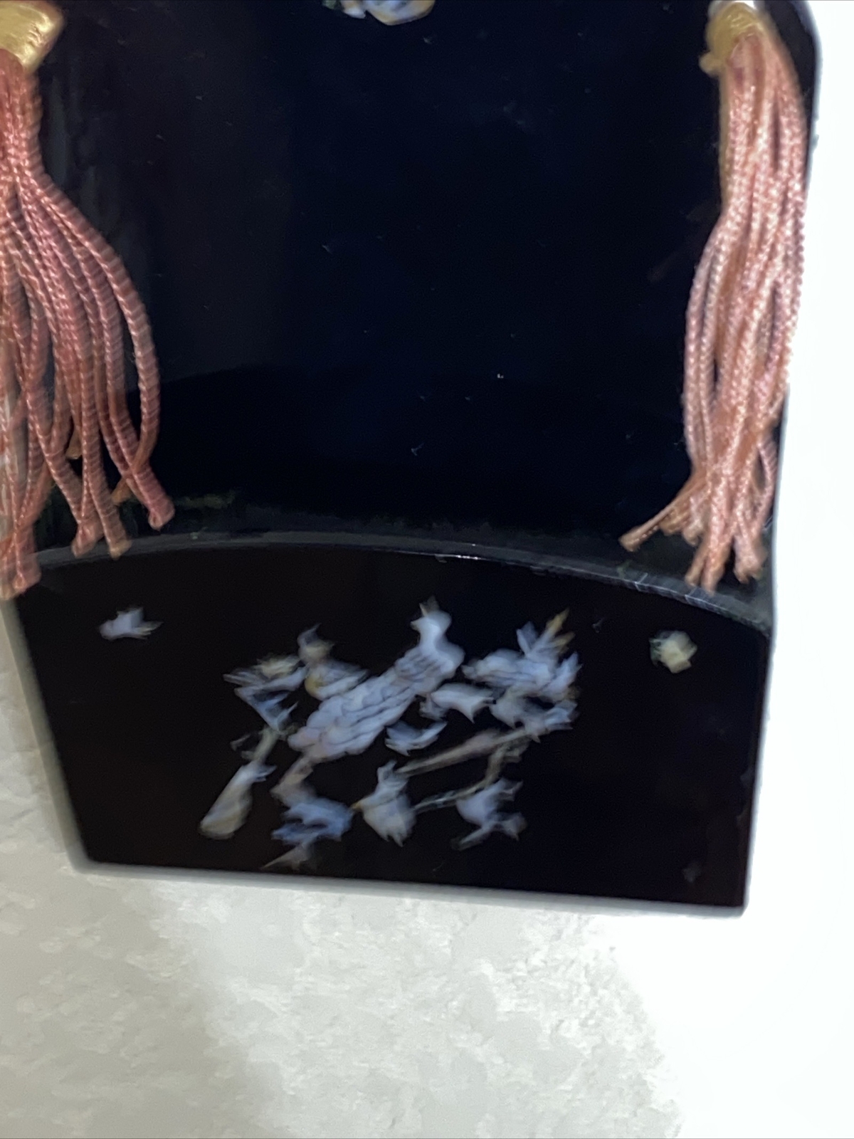 Vintage Mother Of Pearl Letter Holder Notes Oriental Style Black Wall Hanging