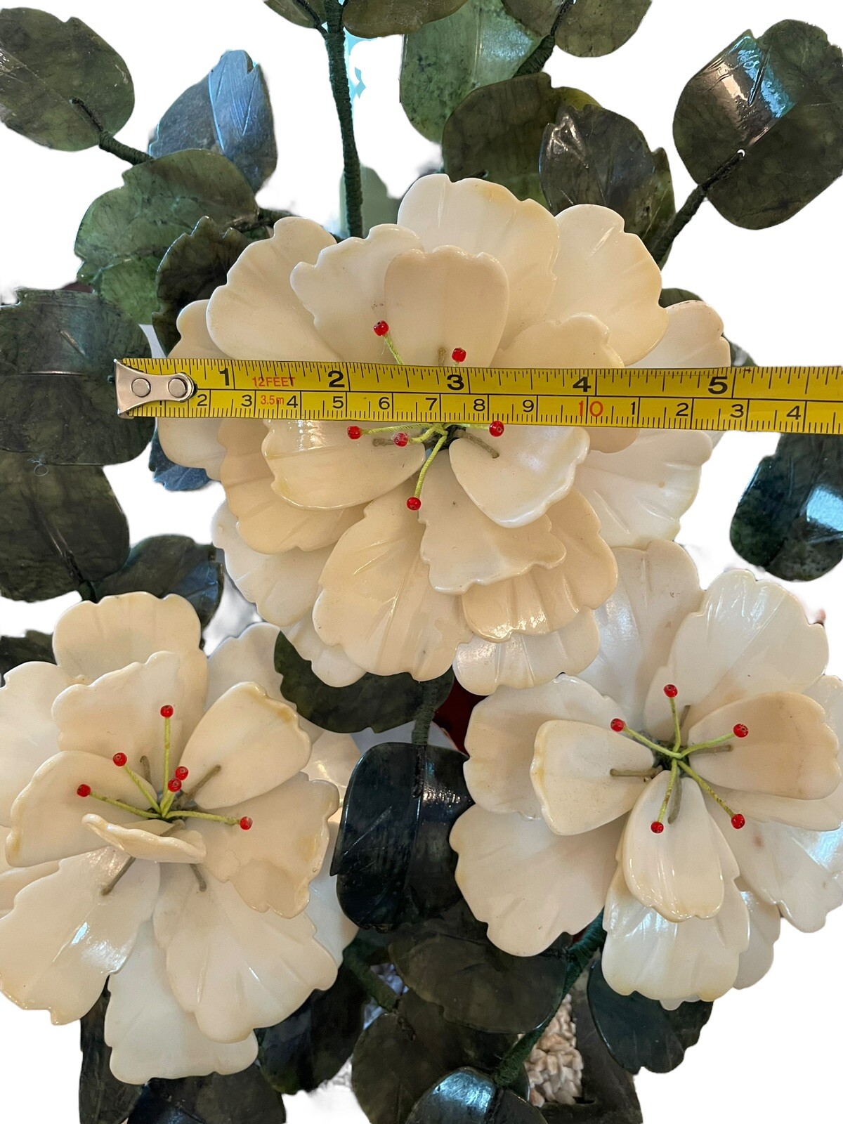 Delicate Vtg Chinese Handcrafted Carved Jade White Peonies Jade Footed Pot 14.5”