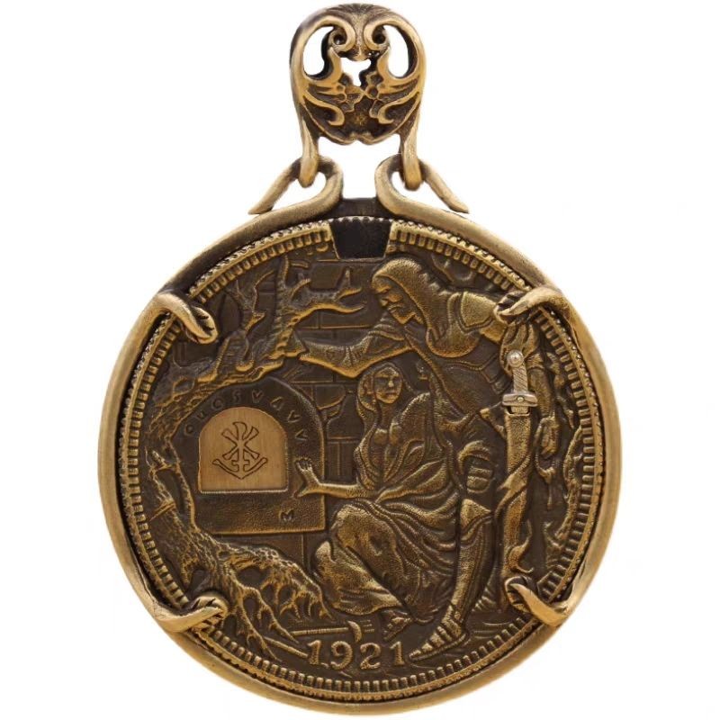 1921 Holy Grail Knight Coin Necklace Movable 机关 Antique Silver Plated Copper