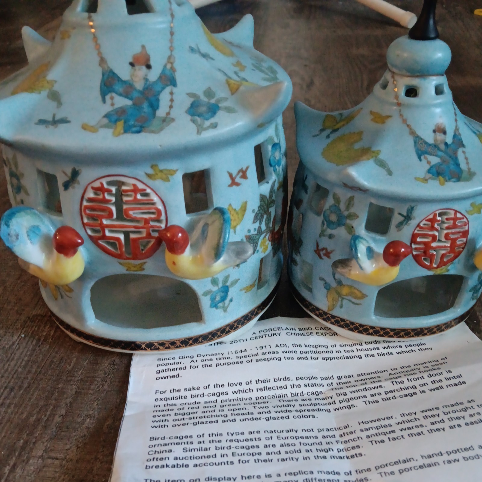Vintage 2 Mid 20th Century Chinese Porcelain Bird Cages 11 1/2” and 9 1/2″